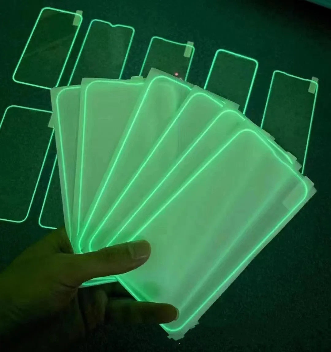Fluorescent tempered glass full screen protector for iPhone in pink, yellow, green, blue, and grass green luminous colours.