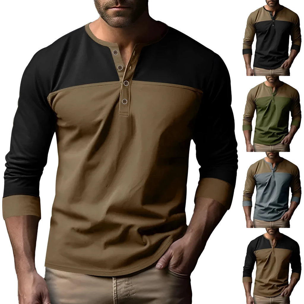 Men's long-sleeve henley collar casual shirt in polyester beaded twill fabric