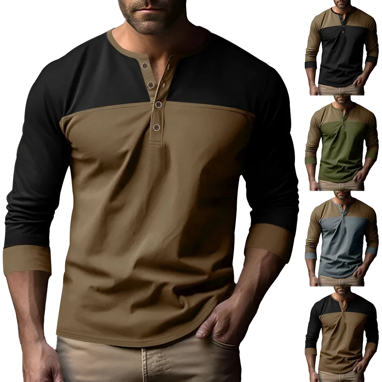 Men's long-sleeve henley collar casual shirt in polyester beaded twill fabric
