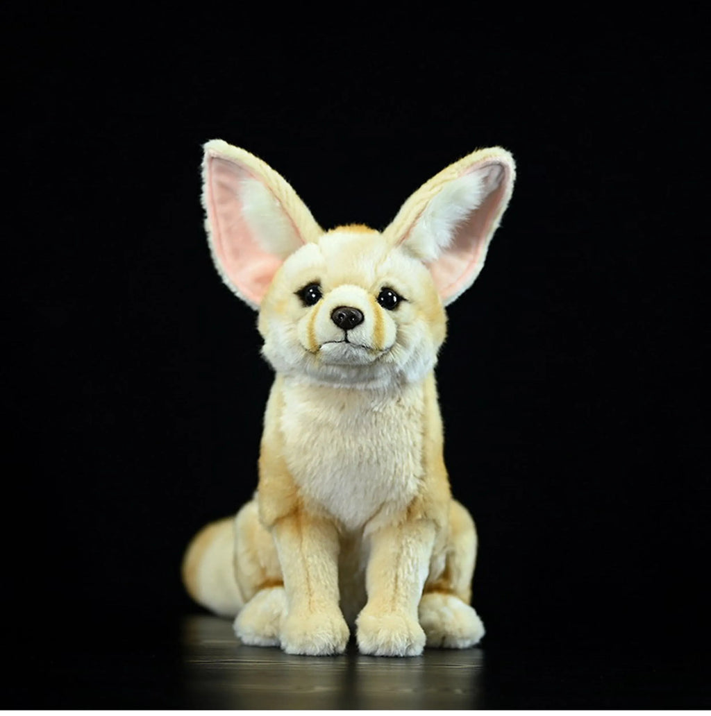 Yellow wide-eared fox plush toy standing 26cm tall on a surface