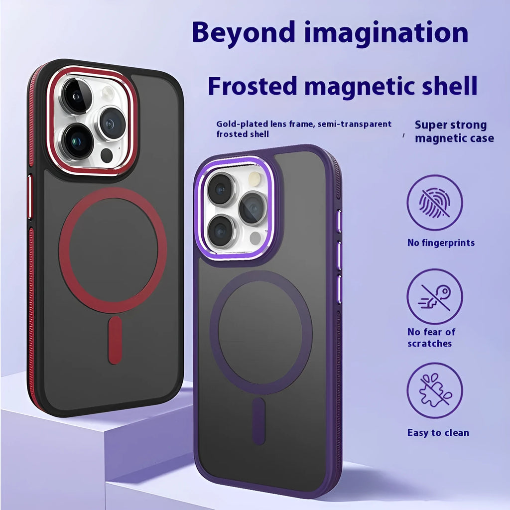 Magnetic frosted iPhone case with metal lens circle in black, blue, gray, and orange, shown on an iPhone.