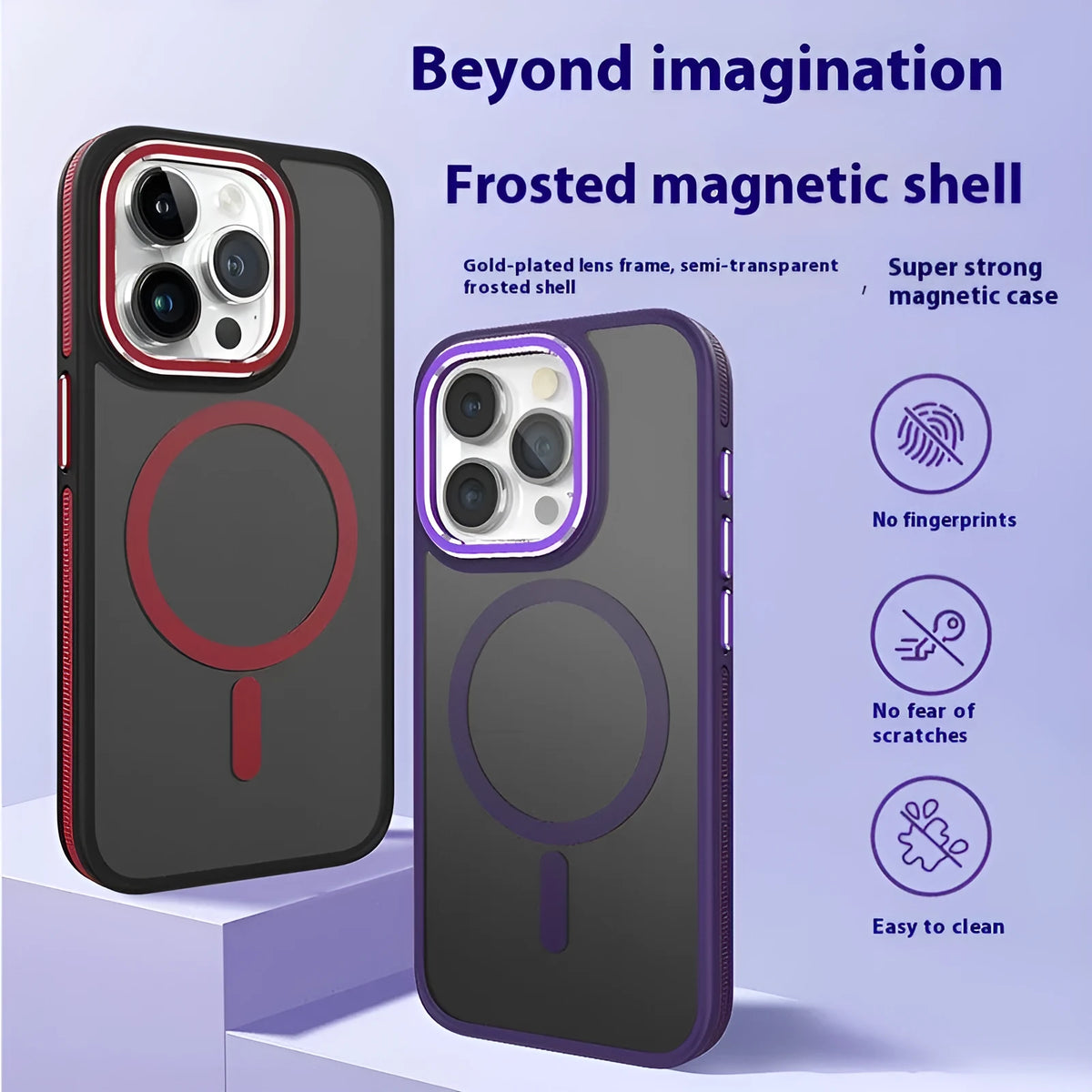 Magnetic frosted iPhone case with metal lens circle in black, blue, gray, and orange, shown on an iPhone.