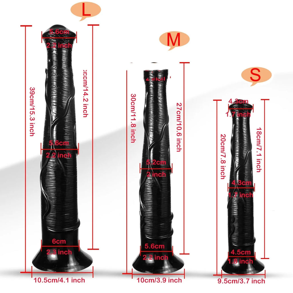 Horsewhip super long PVC adult toy in black flesh colour option with flexible shaft shown in side view