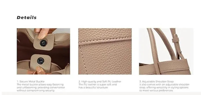 Khaki PU lychee pattern shoulder messenger bag set with single strap and internal phone bag