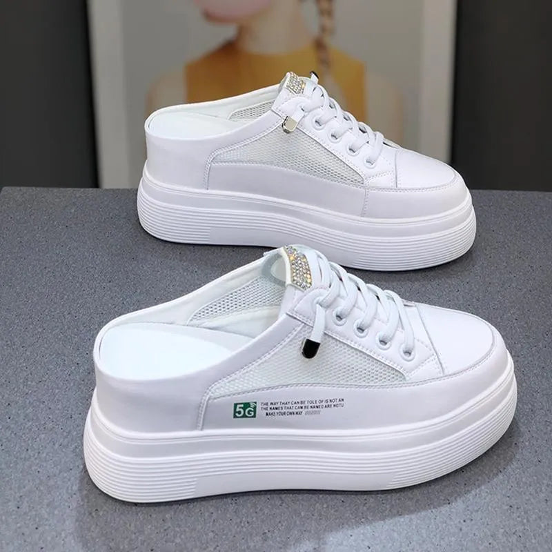 Ladies white platform slip-on shoes with mesh surface, synthetic leather upper and rubber sole, sizes 35-40