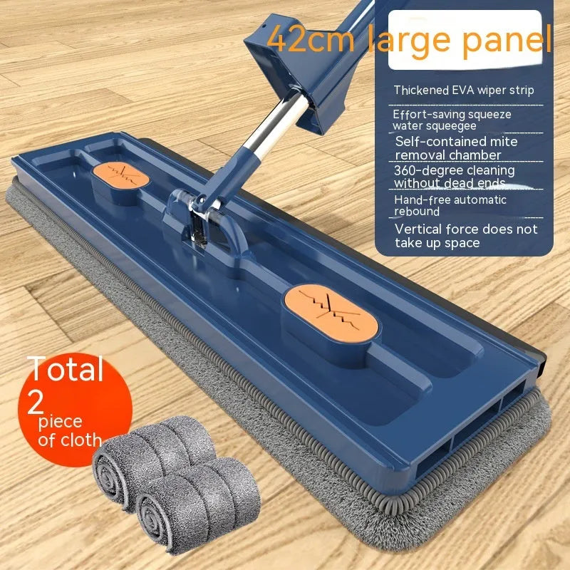 Large flat mop with stainless steel handle and 360-degree rotating head for hard floor cleaning