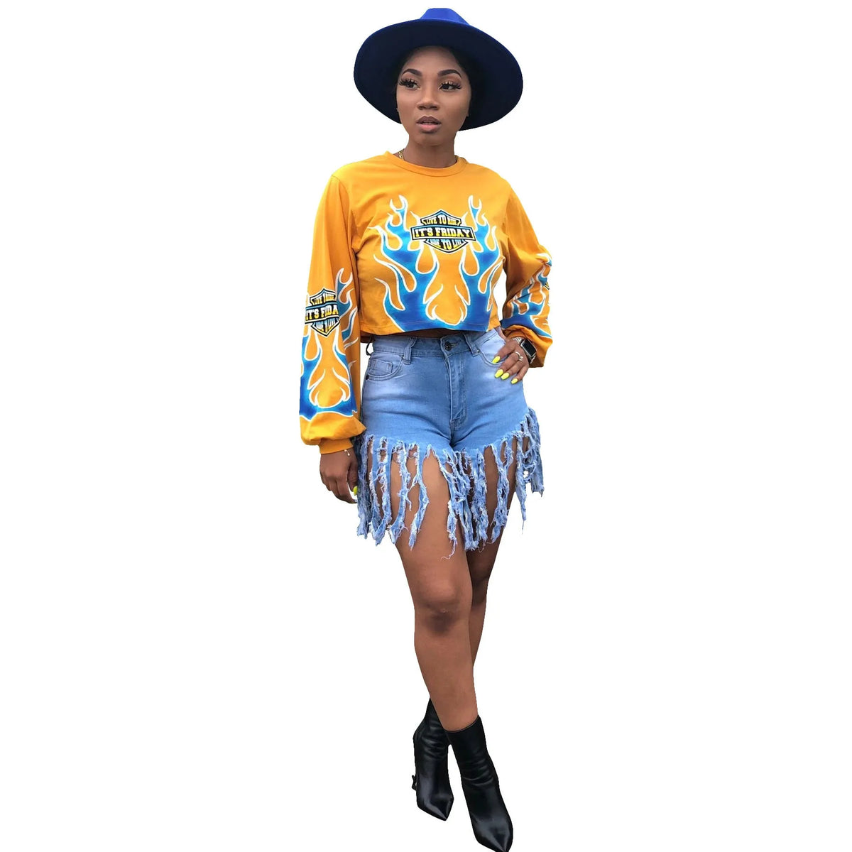 Women's white flame positioning printed long-sleeved polyester pullover sweater with loose fit