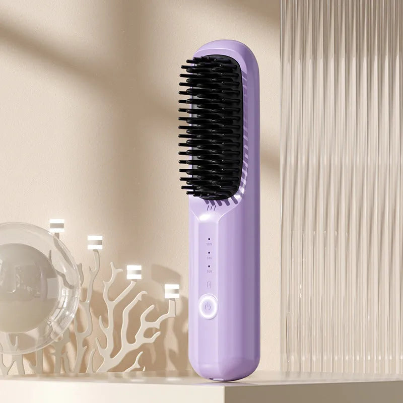 Anion wireless hair straightening comb in beige, black, pink, or purple colours with Type-C charging port.