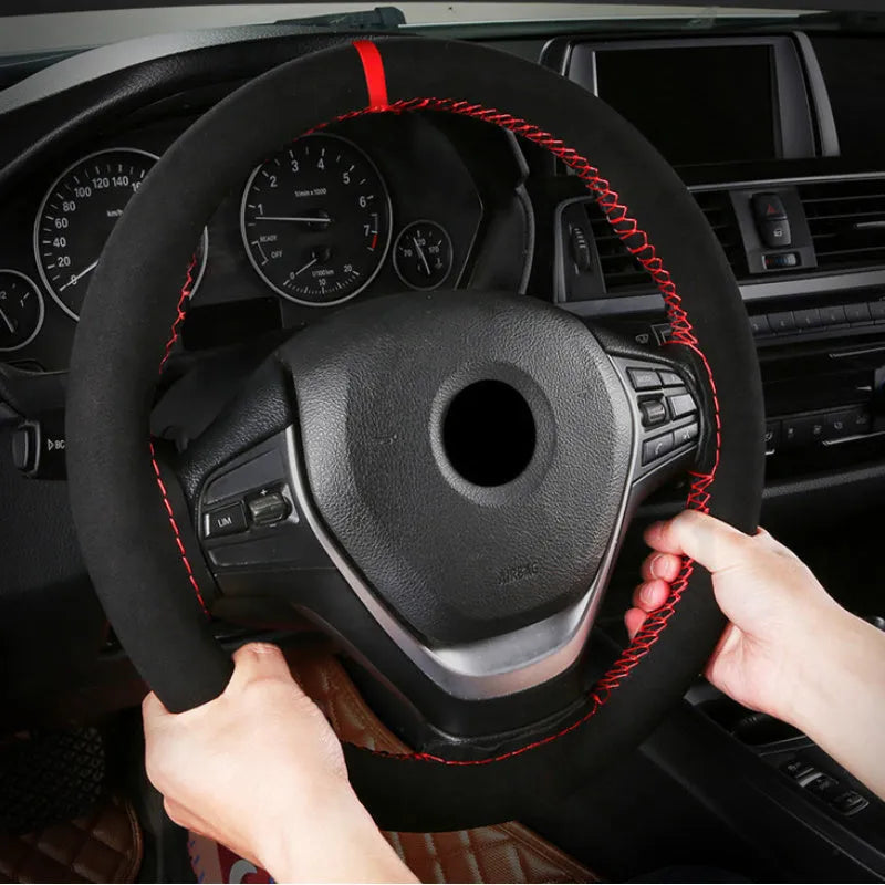 Black suede and microfiber steering wheel cover fitting 38cm diameter steering wheel