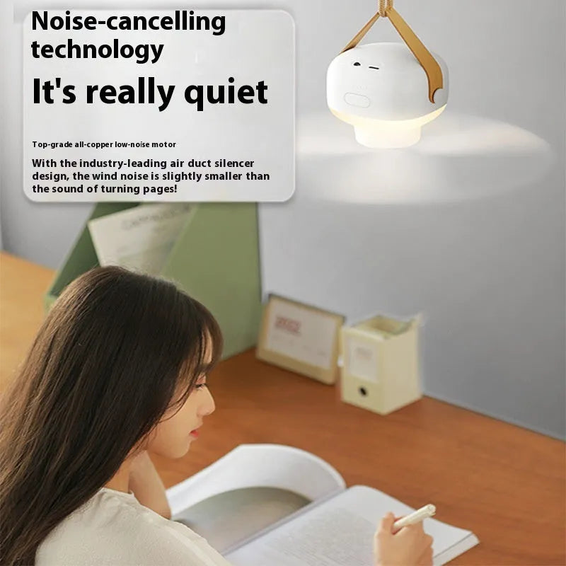 Portable rechargeable ceiling fan with remote control and night light for camping.