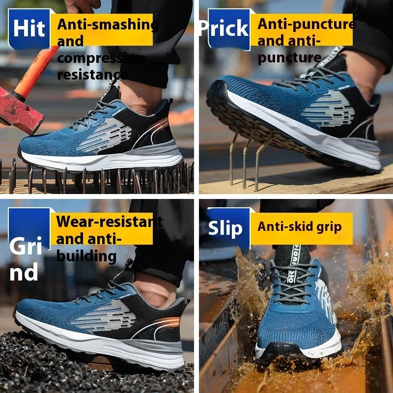 Blue men's safety work shoes with mesh upper, plastic toe cap, and lace-up closure
