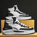 Men's black and white platform high-top board shoes with round toe artificial PU uppers