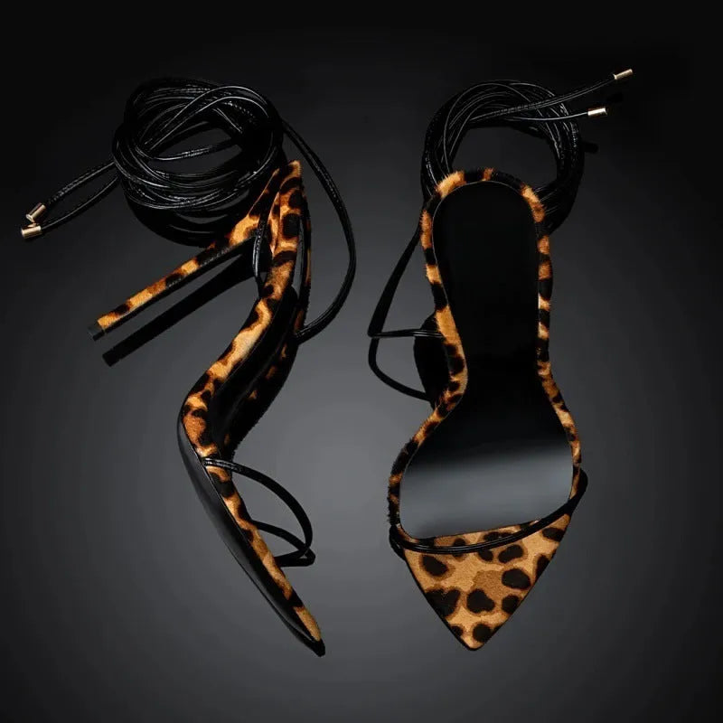 Women's leopard print Roman sandals with lace-up buckle closure and pointed toe