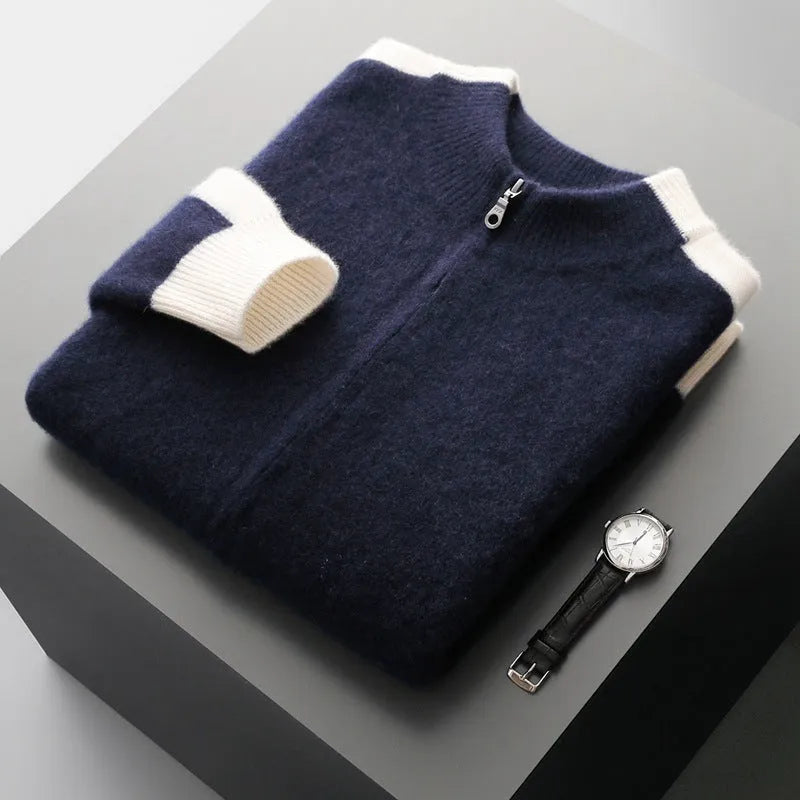 Men's loose fit half turtleneck zip cardigan in thickened rough wool yarn, shown in dark blue colour