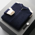 Men's loose fit half turtleneck zip cardigan in thickened rough wool yarn, shown in dark blue colour