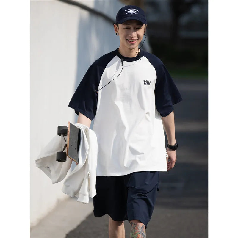 Men's casual blue raglan sleeve t-shirt with Japanese junior style pattern design loose fit