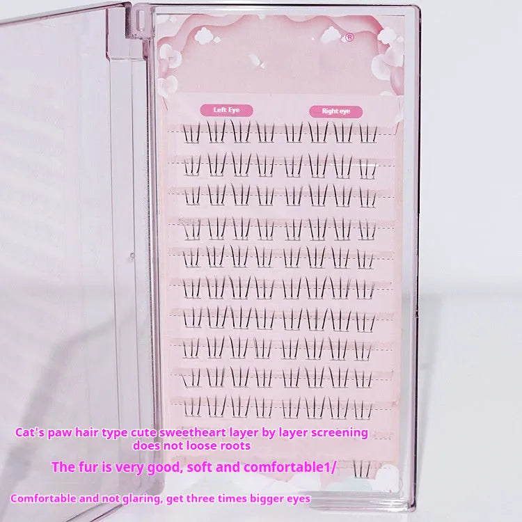 Close-up of Kitten's Paw lower false eyelashes with segmented sheer root and graduated 4-5-6mm lengths on 12 rows.