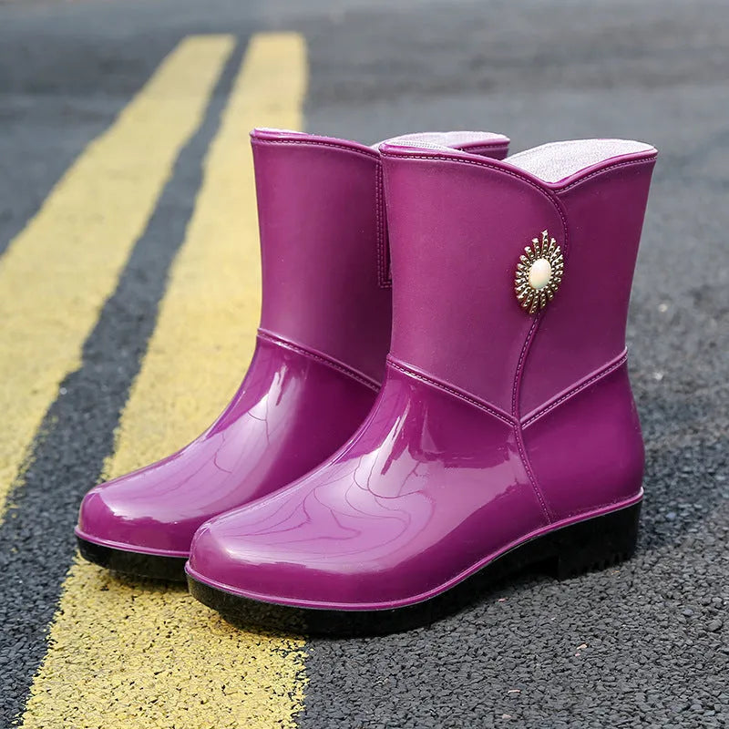 Women's mid-calf rain boot in beige colour with a non-slip sole