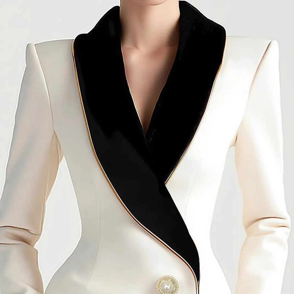 Milky white women's irregular long sleeve coat with golden edge pearl buttons on a hanger.
