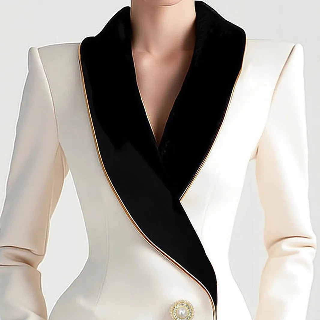 Milky white women's irregular long sleeve coat with golden edge pearl buttons on a hanger.