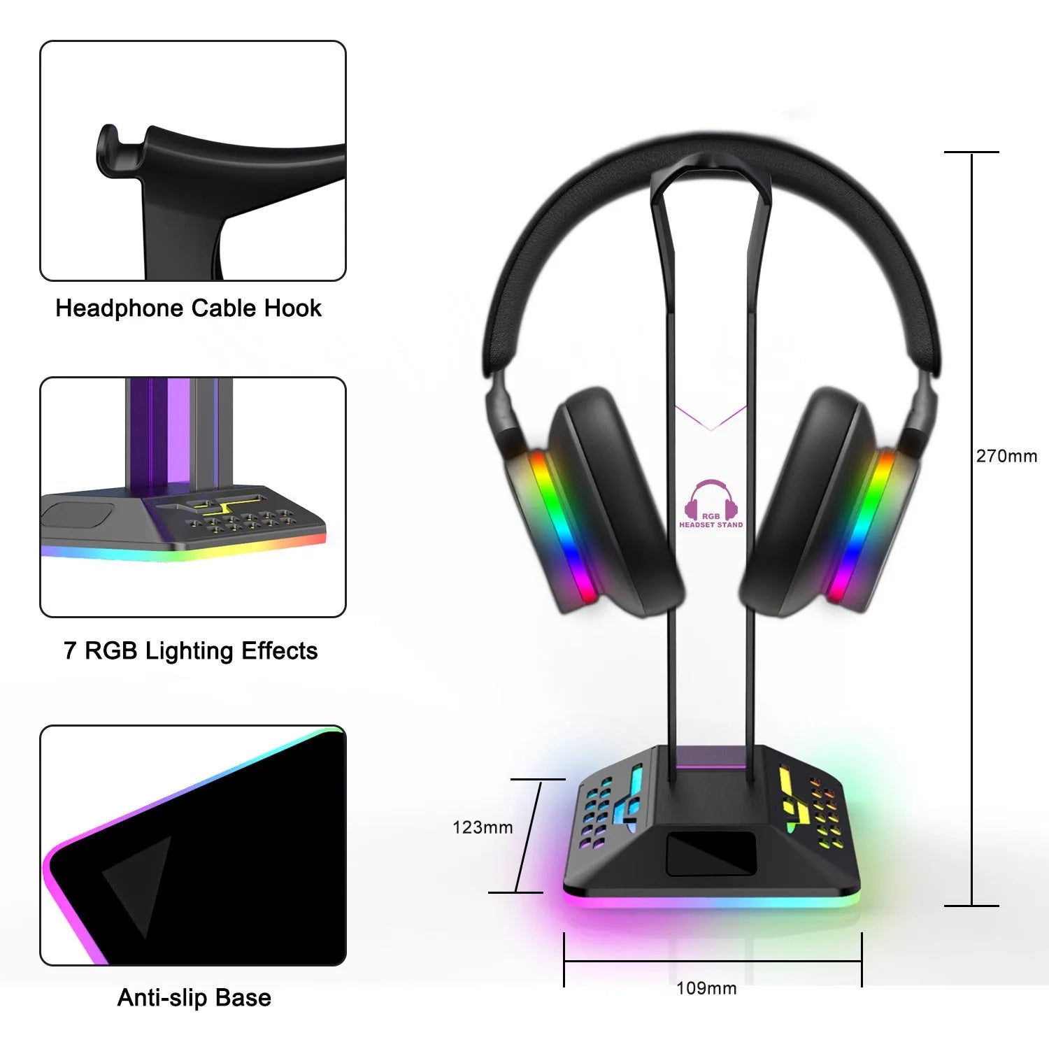 RGB colour-changing headphone holder with dual USB ports on black acrylic stand