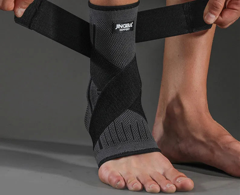 Sports ankle support in orange, black, and green colours shown for adult use in running and basketball.