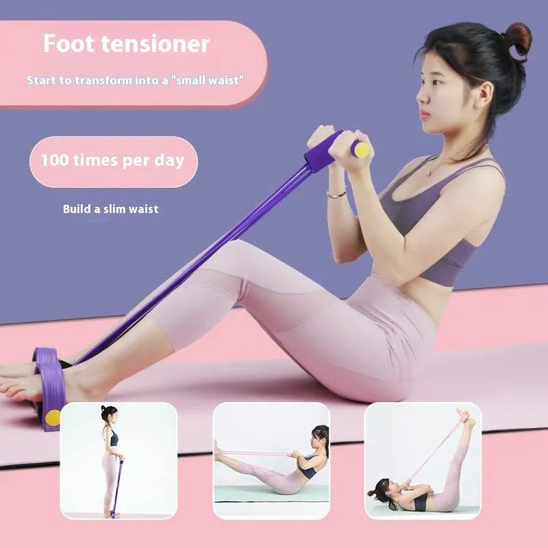 Yoga four piece fitness set showing leg stretcher, yoga ring, pedal chest expander, and figure eight tension rope.