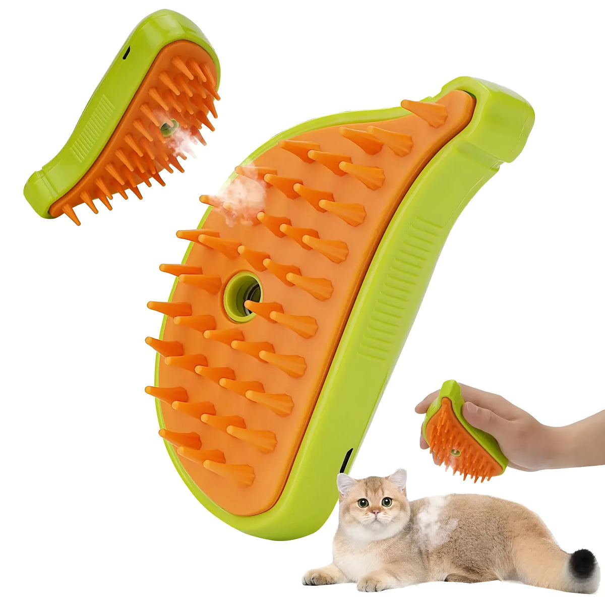 3-in-1 pet steam brush in green for cats and dogs with USB rechargeable design