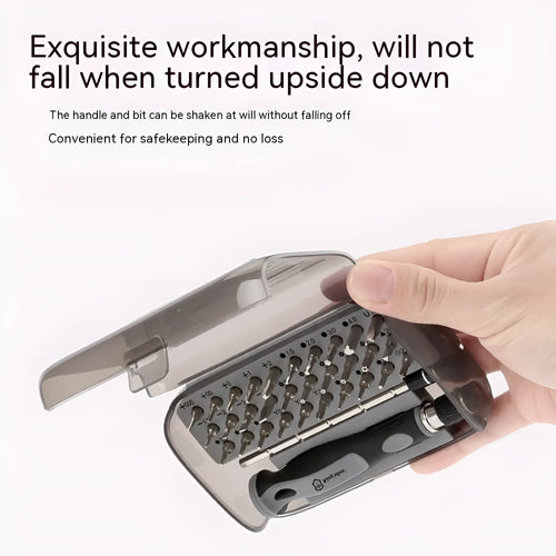 32-in-1 screwdriver set with 30 bits in compact case measuring 130x75x37mm