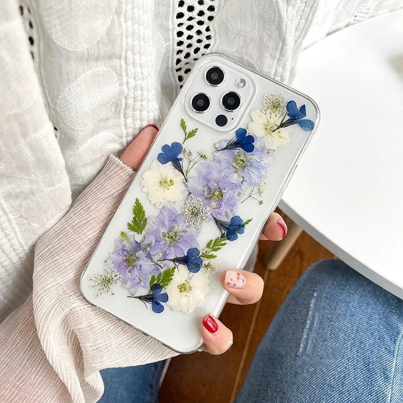 Blue and purple dried flower TPU phone case compatible with Apple iPhone 12 Pro Max