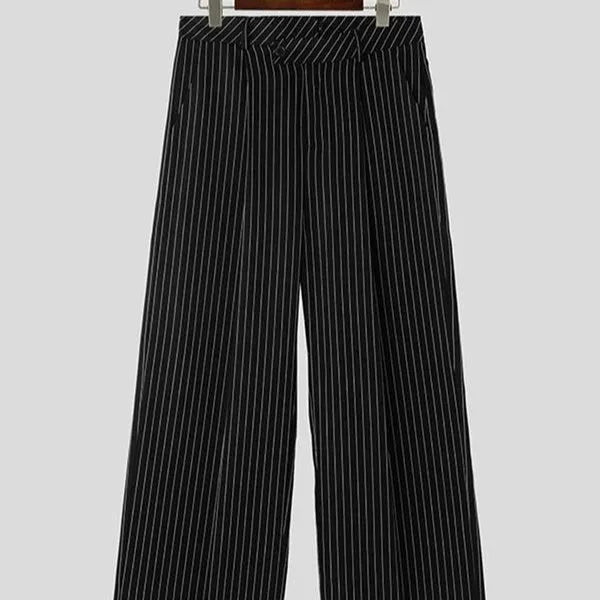 Black men's vertical striped pleated casual trousers showing elastic fabric and rabbit hair bamboo fibre materials