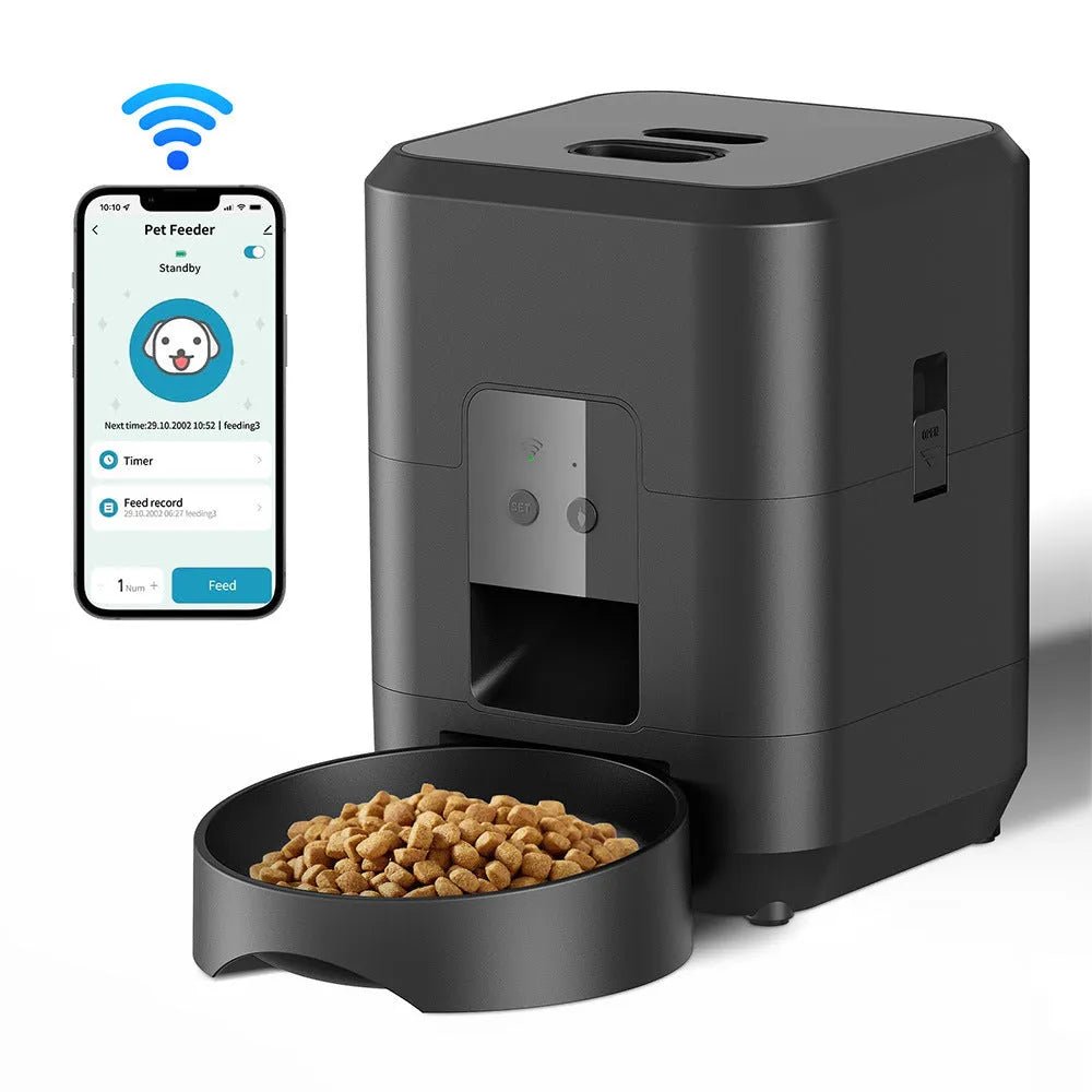Pet Smart Feeder 2L round bullet black button automatic dog feeding machine with USB cable and adapter