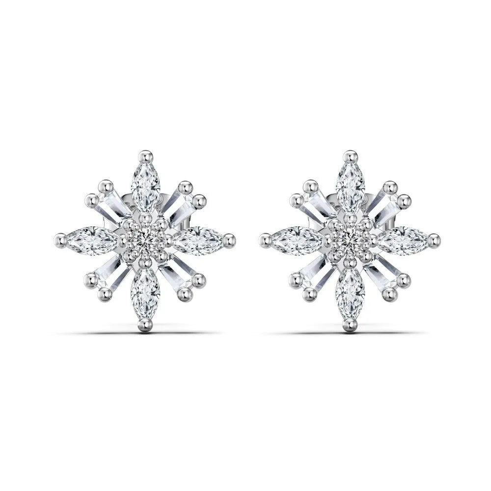 S925 sterling silver snowflake stud earrings in platinum white diamond finish for women