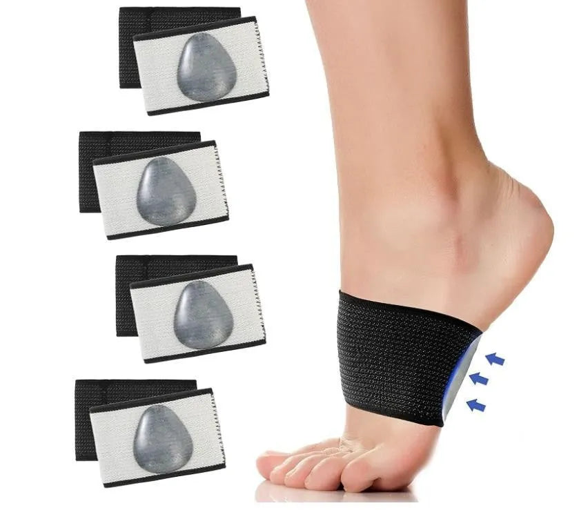 A pair of white elastic foot bandages with a central heart-shaped pad for arch support, on a plain background.