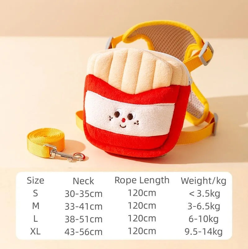 Cartoon hamburger design adjustable escape-proof vest and leash set for cats and dogs on a grey background.