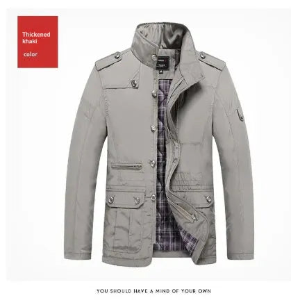 Men's mid-length windproof casual jacket, oversized loose fit, khaki or black, zip pocket, sizes XXS to XXL