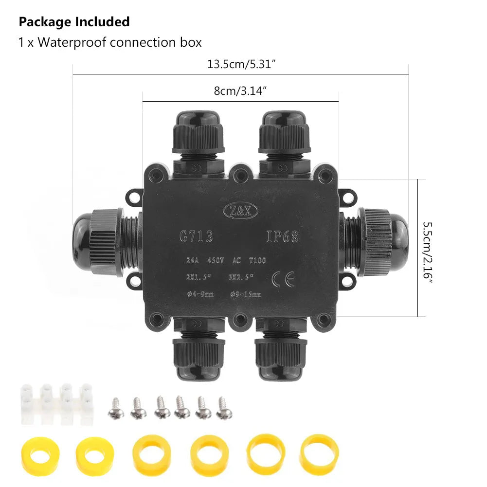 IP68 waterproof six-way outdoor junction box in black, white, or transparent, with connector, for fountain light cables.