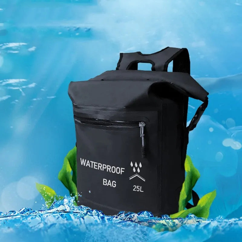 Black 25 litre waterproof backpack for river tracing rafting and swimming