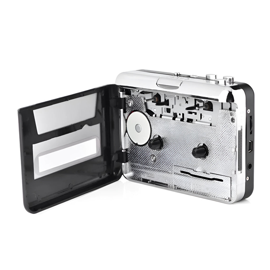 Silver USB cassette to MP3 converter unit with USB cable for converting tapes to digital audio files