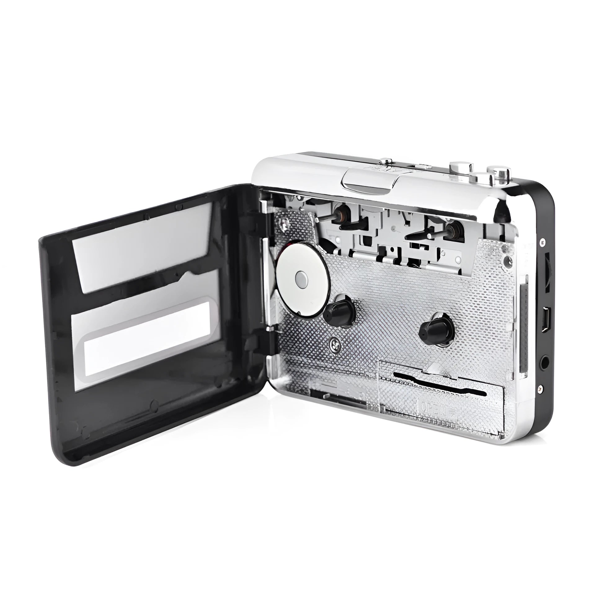 Silver USB cassette to MP3 converter unit with USB cable for converting tapes to digital audio files