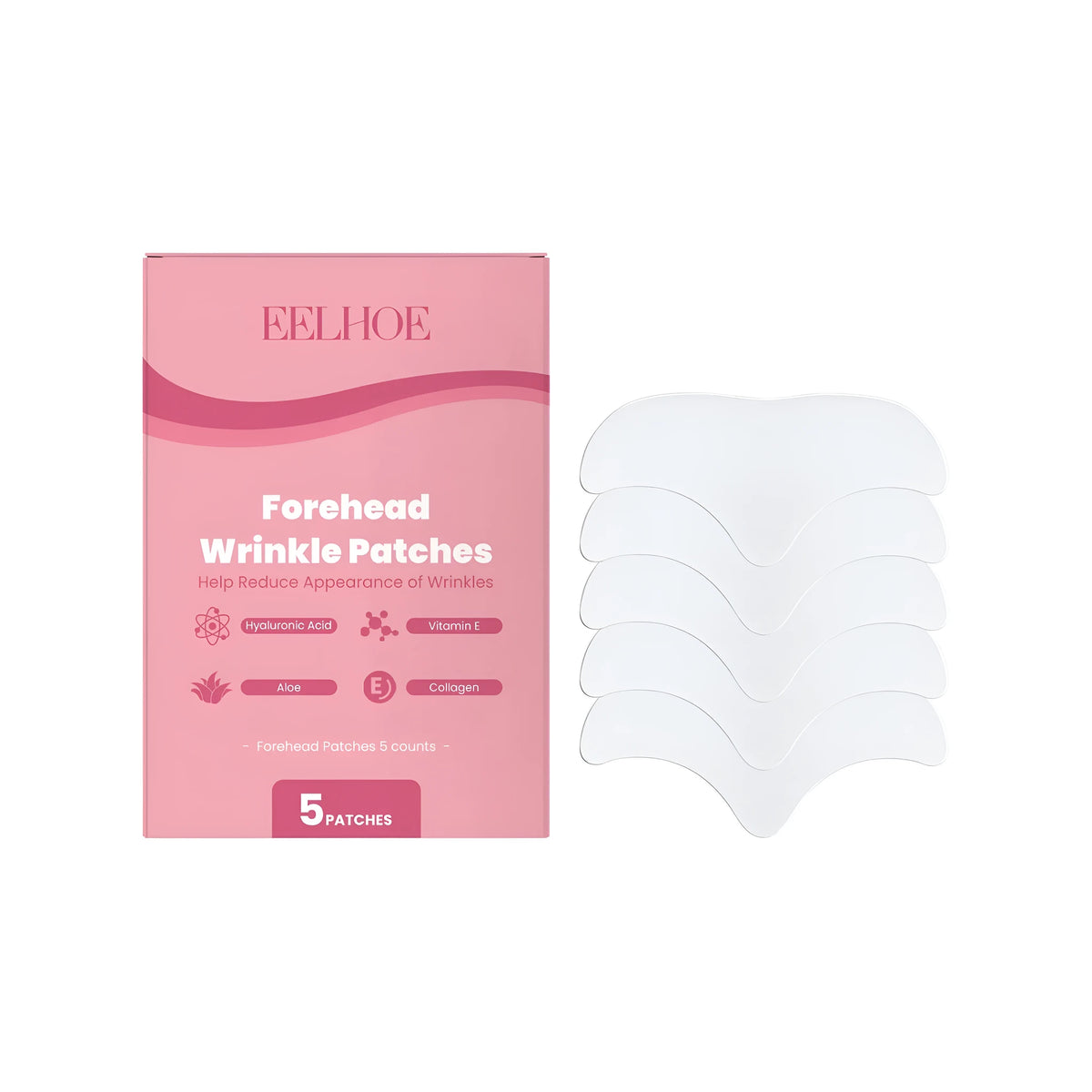 Forehead anti wrinkle patch pack of 5 with water-based hydrogel formula containing hyaluronic acid and vitamin E