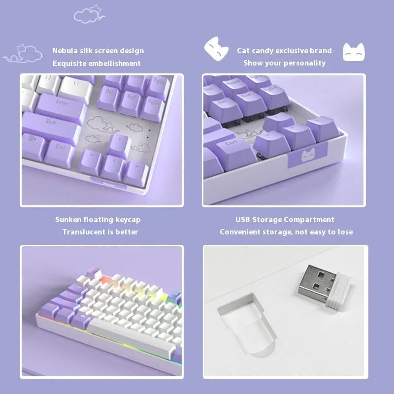 Wireless Bluetooth mechanical keyboard with metal construction in blue white or white purple colour options