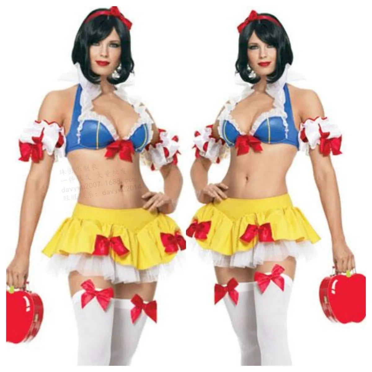 Snow White anime cosplay dress costume set with headwear, top, short skirt, and matching sleeves
