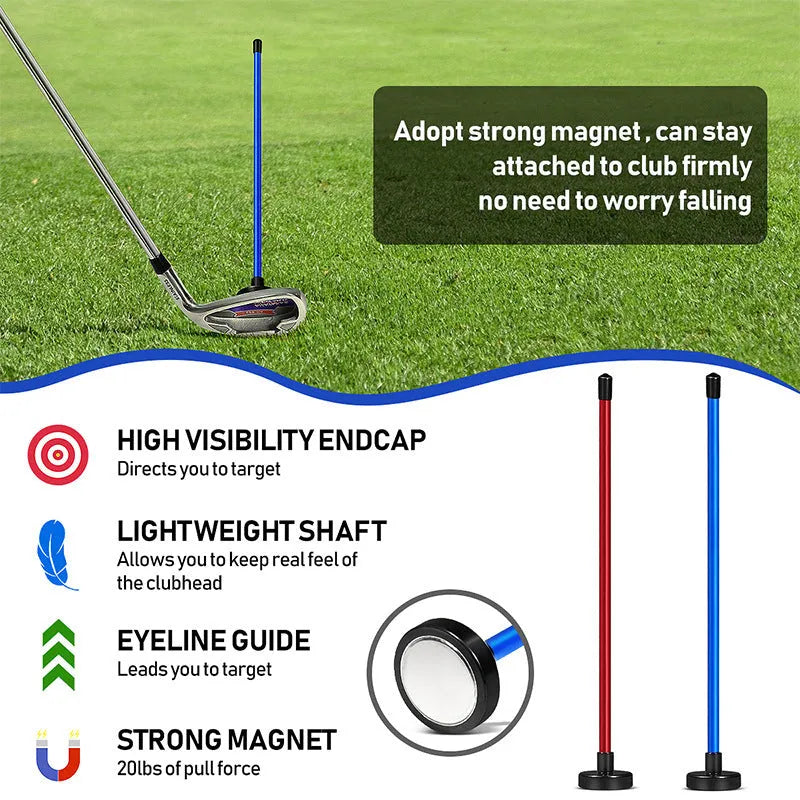 Red and blue magnetic baseball bar golf swing alignment trainer on practice mat