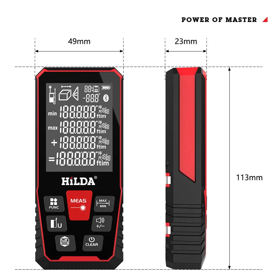 Handheld plastic laser rangefinder for distance measurement up to 120 metres.