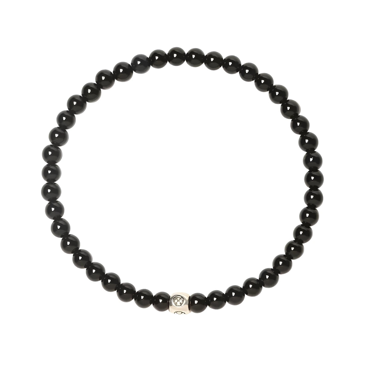A unisex beaded bracelet with small 4mm obsidian, blue San, and black agate stones in geometric shapes.
