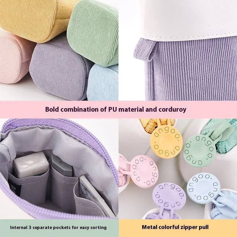 Corduroy telescopic stationery case shown expanded and collapsed in multiple colour options.