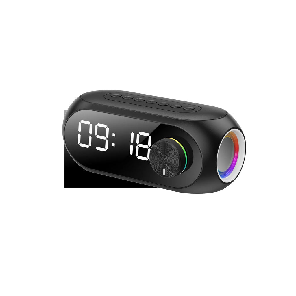 Portable mini Bluetooth speaker with digital clock display in black, white, or blue colour.