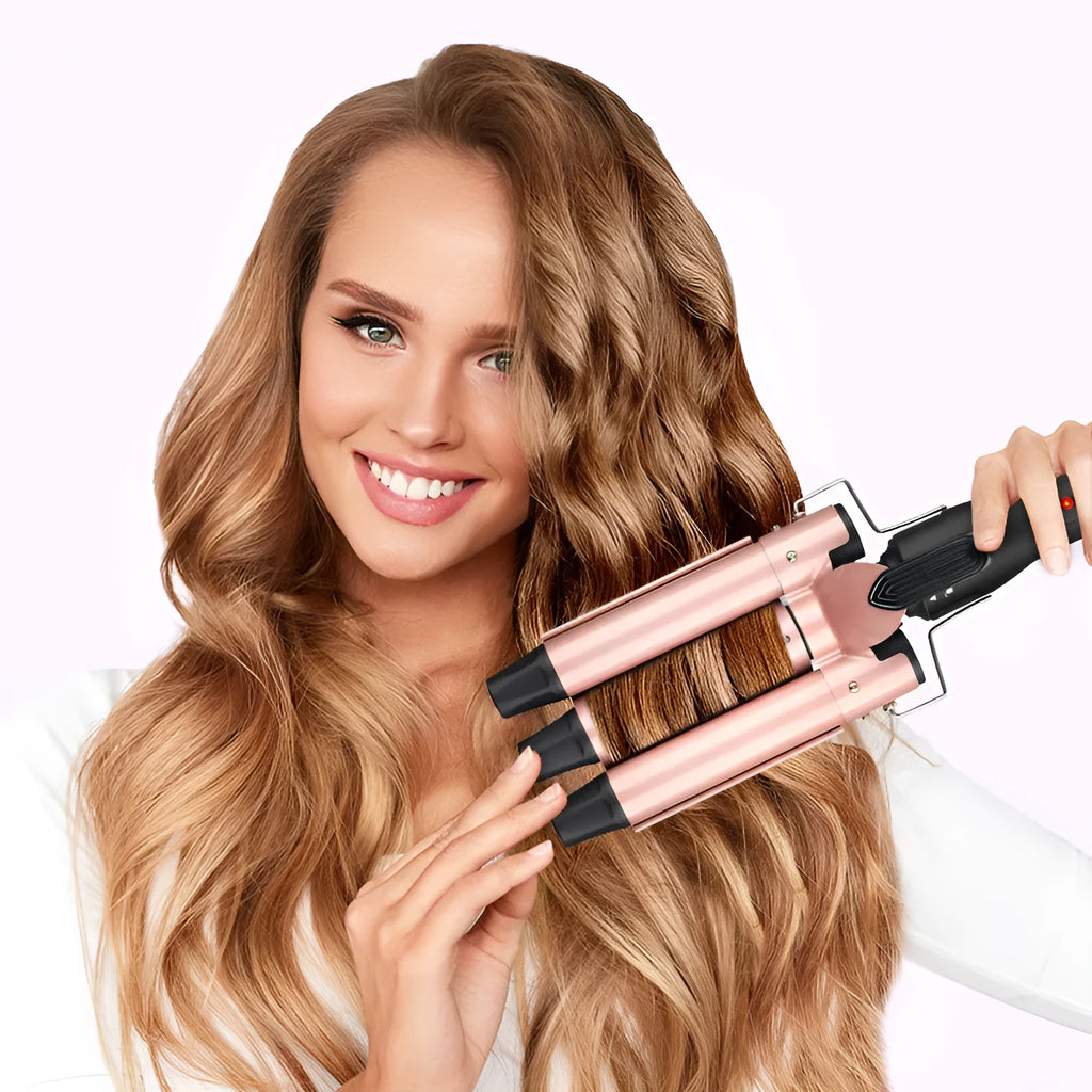 Three-tube water wave hair curler styling tool with wired power cord