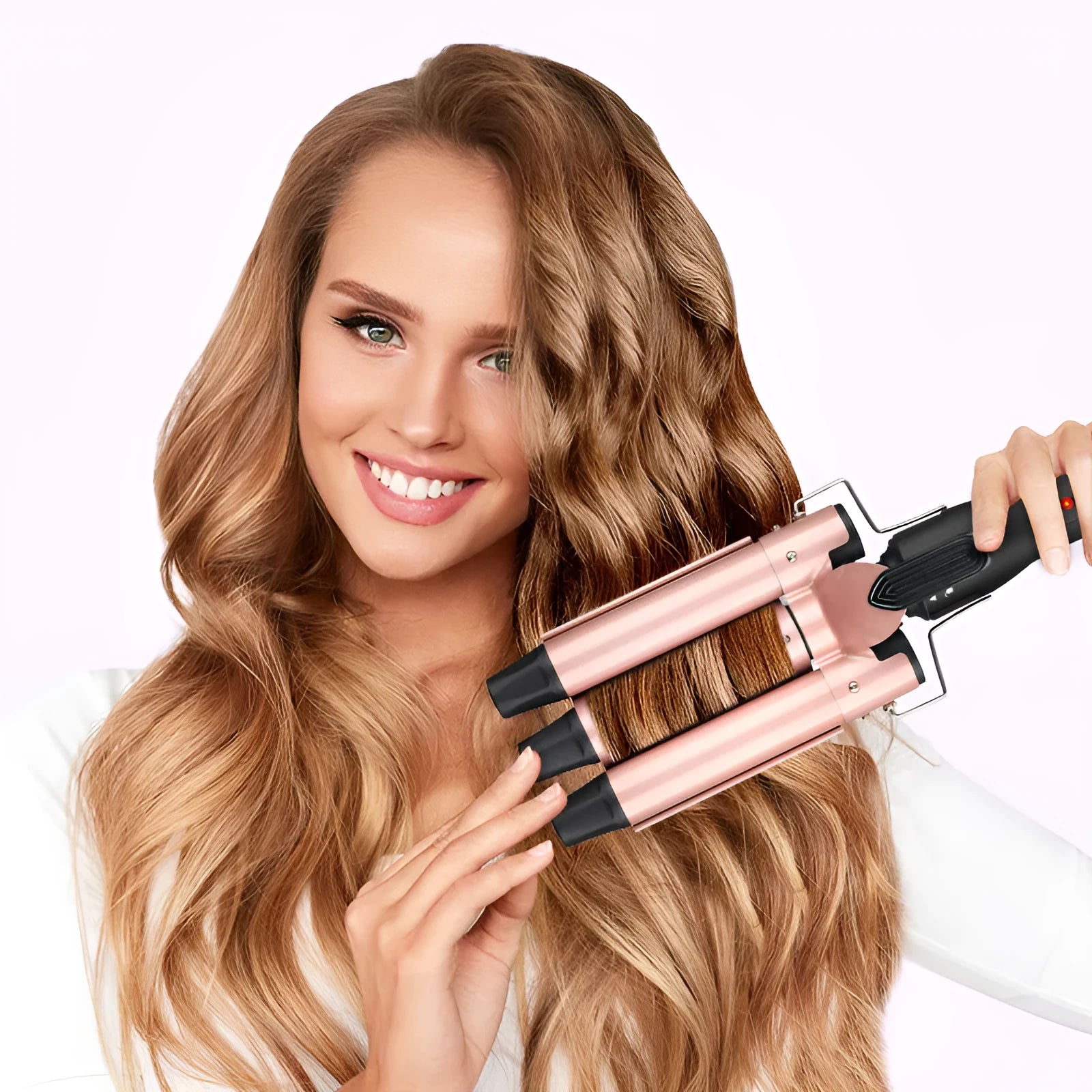 Three-tube water wave hair curler styling tool with wired power cord